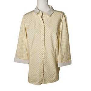 Lafayette 148 New York Size 14 Button-Up Shirt Yellow & White Casual Career